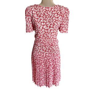 Vintage 80's Diane von Fursteneberg Pleated Leaf Print Blouson Midi Dress 10